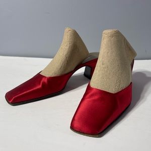 Prada Red Satin Square Toe Heels
